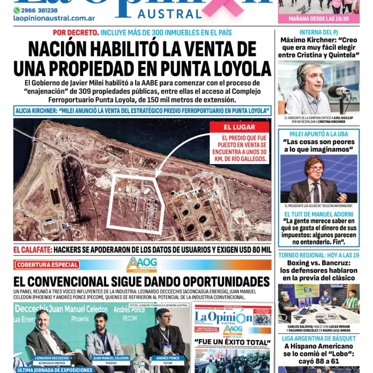 Diario La Opinión Austral tapa edición impresa del sábado 26 de octubre de 2024, Río Gallegos, Santa Cruz, Argentina