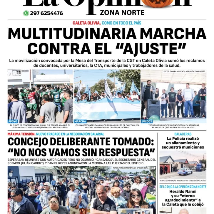 Diario La Opinión Zona Norte tapa edición impresa del jueves 31 de octubre de 2024, Caleta Olivia, Santa Cruz, Argentina