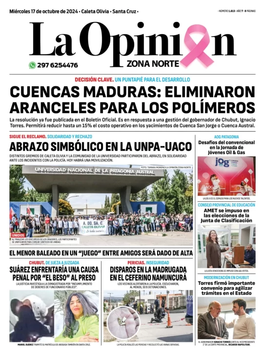 Diario La Opinión Zona Norte tapa edición impresa del jueves 17 de octubre de 2024, Caleta Olivia, Santa Cruz, Argentina