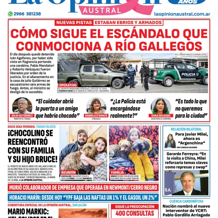 Diario La Opinión Austral tapa edición impresa del martes 1 de octubre de 2024, Río Gallegos, Santa Cruz, Argentina