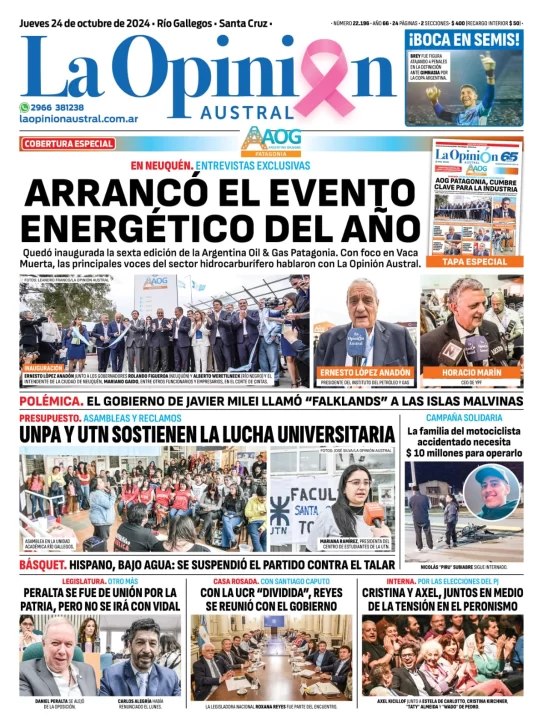 Diario La Opinión Austral tapa edición impresa del jueves 24 de octubre de 2024, Río Gallegos, Santa Cruz, Argentina