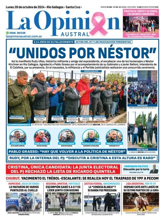 Diario La Opinión Austral tapa edición impresa del lunes 28 de octubre de 2024, Río Gallegos, Santa Cruz, Argentina