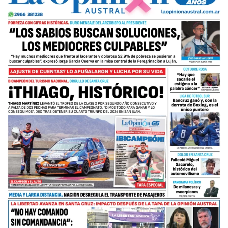 Diario La Opinión Austral tapa edición impresa del lunes 7 de octubre de 2024, Río Gallegos, Santa Cruz, Argentina