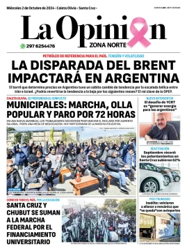 Diario La Opinión Zona Norte tapa edición impresa del miércoles 2 de octubre de 2024, Caleta Olivia, Santa Cruz, Argentina