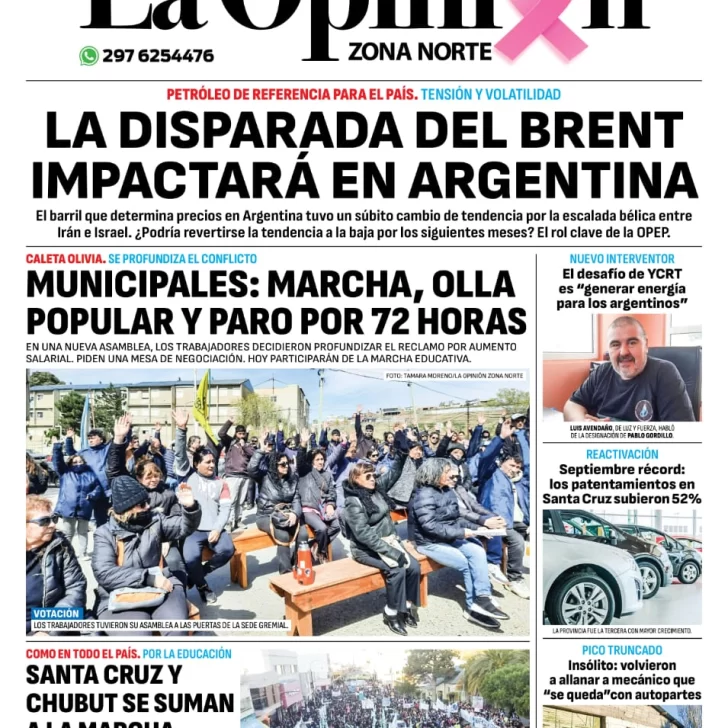 Diario La Opinión Zona Norte tapa edición impresa del miércoles 2 de octubre de 2024, Caleta Olivia, Santa Cruz, Argentina