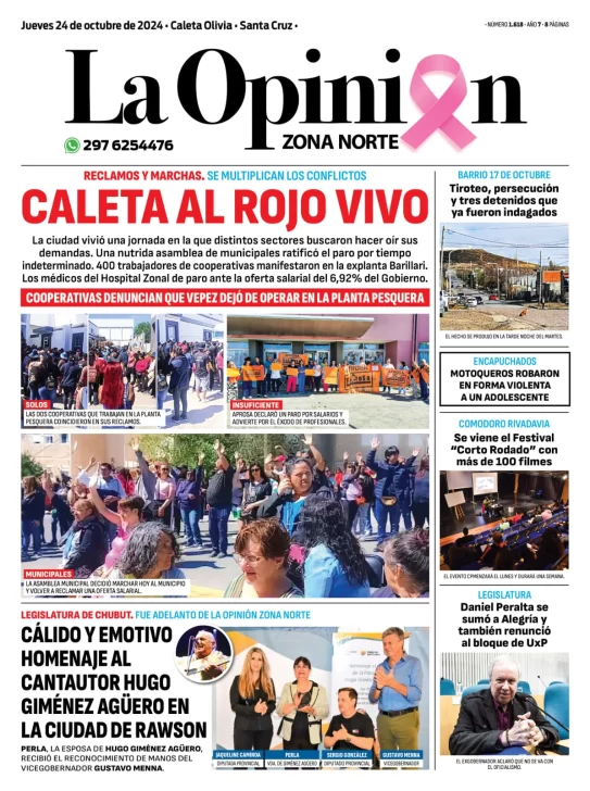 Diario La Opinión Zona Norte tapa edición impresa del jueves 24 de octubre de 2024, Caleta Olivia, Santa Cruz, Argentina