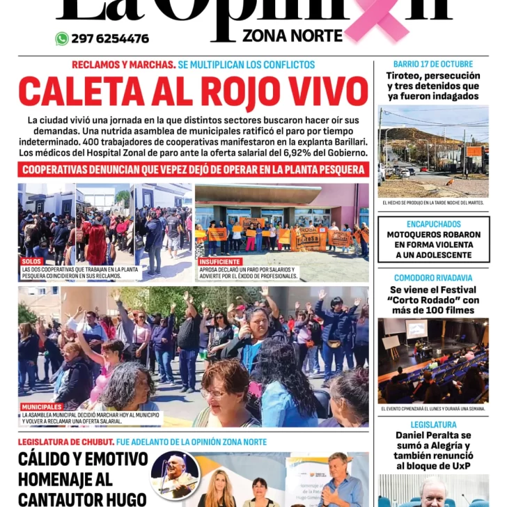 Diario La Opinión Zona Norte tapa edición impresa del jueves 24 de octubre de 2024, Caleta Olivia, Santa Cruz, Argentina