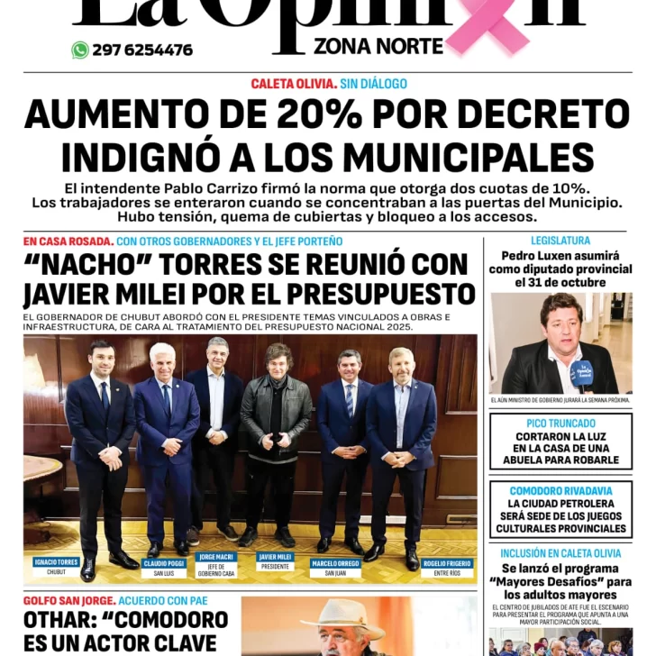 Diario La Opinión Zona Norte tapa edición impresa del viernes 25 de octubre de 2024, Caleta Olivia, Santa Cruz, Argentina