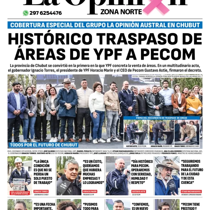 Diario La Opinión Zona Norte tapa edición impresa del martes 29 de octubre de 2024, Caleta Olivia, Santa Cruz, Argentina