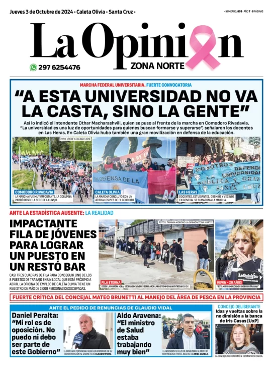 Diario La Opinión Zona Norte tapa edición impresa del jueves 3 de octubre de 2024, Caleta Olivia, Santa Cruz, Argentina