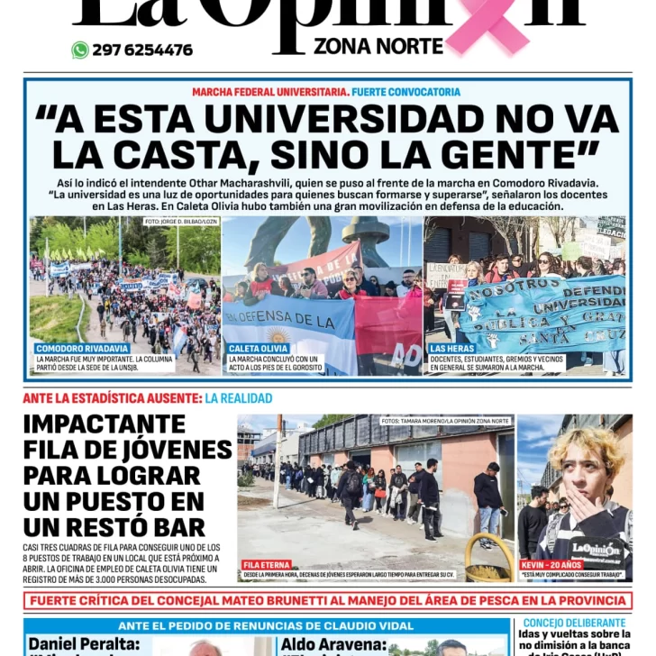 Diario La Opinión Zona Norte tapa edición impresa del jueves 3 de octubre de 2024, Caleta Olivia, Santa Cruz, Argentina
