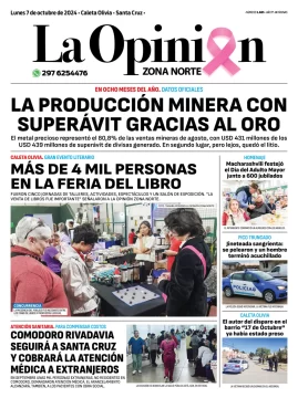 Diario La Opinión Zona Norte tapa edición impresa del lunes 8 de octubre de 2024, Caleta Olivia, Santa Cruz, Argentina