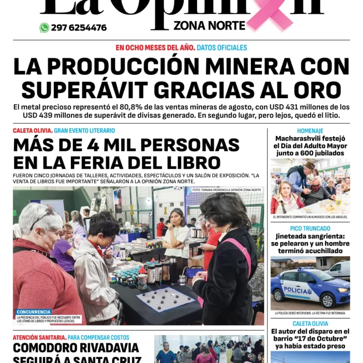 Diario La Opinión Zona Norte tapa edición impresa del lunes 8 de octubre de 2024, Caleta Olivia, Santa Cruz, Argentina