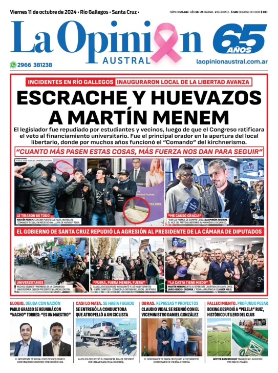 Diario La Opinión Austral tapa edición impresa del viernes 11 de octubre de 2024, Río Gallegos, Santa Cruz, Argentina