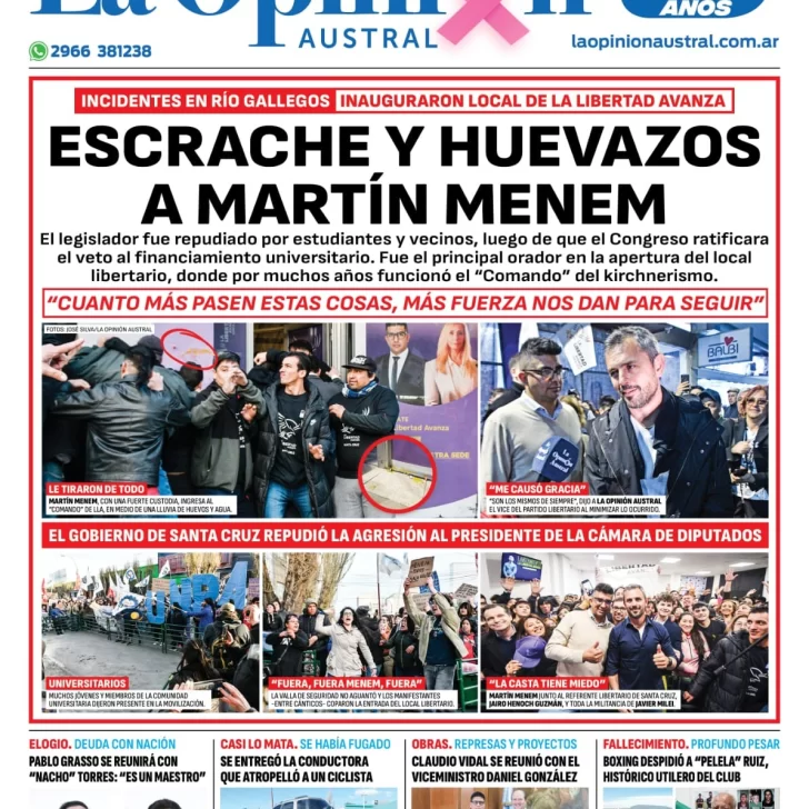 Diario La Opinión Austral tapa edición impresa del viernes 11 de octubre de 2024, Río Gallegos, Santa Cruz, Argentina