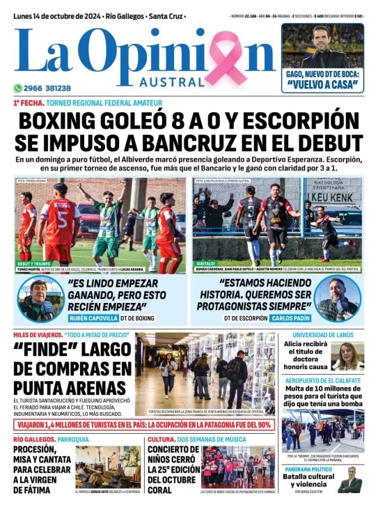 Diario La Opinión Austral tapa edición impresa del lunes 14 de octubre de 2024, Río Gallegos, Santa Cruz, Argentina