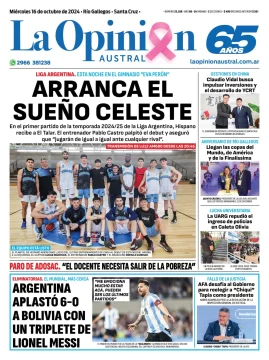 Diario La Opinión Austral tapa edición impresa del miércoles 16 de octubre de 2024, Río Gallegos, Santa Cruz, Argentina