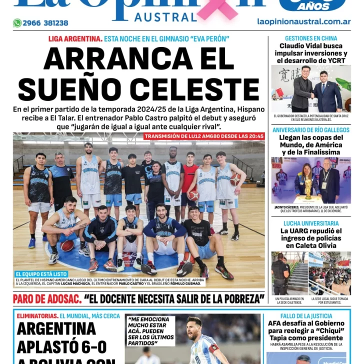 Diario La Opinión Austral tapa edición impresa del miércoles 16 de octubre de 2024, Río Gallegos, Santa Cruz, Argentina