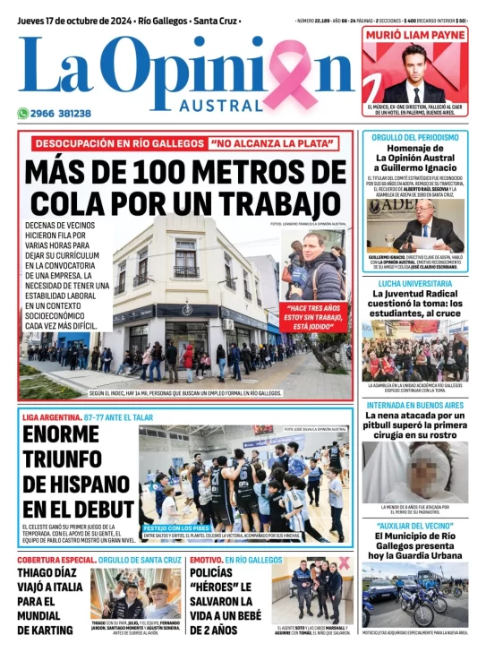 Diario La Opinión Austral tapa edición impresa del jueves 17 de octubre de 2024, Río Gallegos, Santa Cruz, Argentina