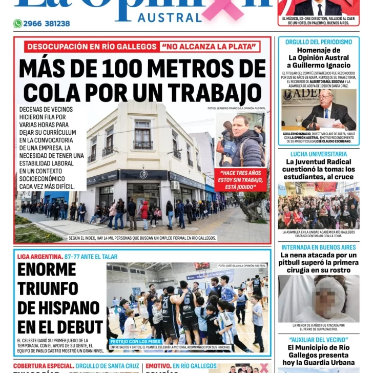 Diario La Opinión Austral tapa edición impresa del jueves 17 de octubre de 2024, Río Gallegos, Santa Cruz, Argentina