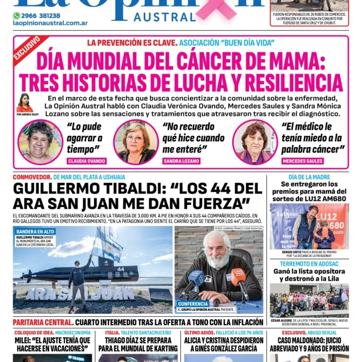 Diario La Opinión Austral tapa edición impresa del sábado 19 de octubre de 2024, Río Gallegos, Santa Cruz, Argentina