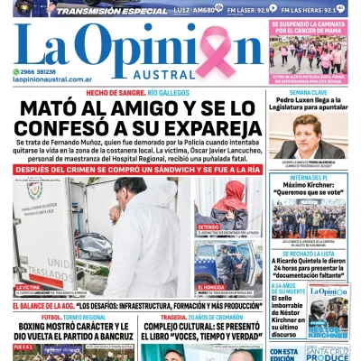 Diario La Opinión Austral tapa edición impresa del domingo 27 de octubre de 2024, Río Gallegos, Santa Cruz, Argentina