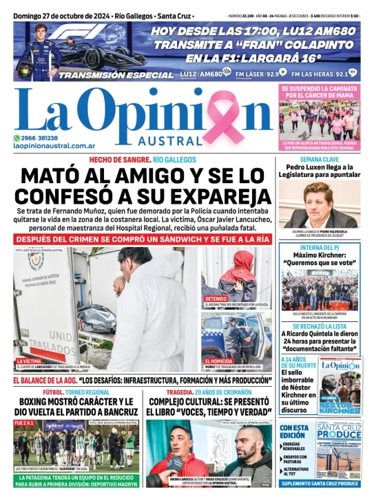 Diario La Opinión Austral tapa edición impresa del domingo 27 de octubre de 2024, Río Gallegos, Santa Cruz, Argentina