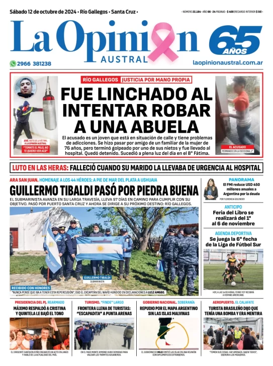 Diario La Opinión Austral tapa edición impresa del sábado 12 de octubre de 2024, Río Gallegos, Santa Cruz, Argentina