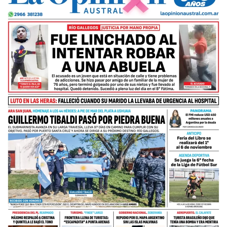 Diario La Opinión Austral tapa edición impresa del sábado 12 de octubre de 2024, Río Gallegos, Santa Cruz, Argentina