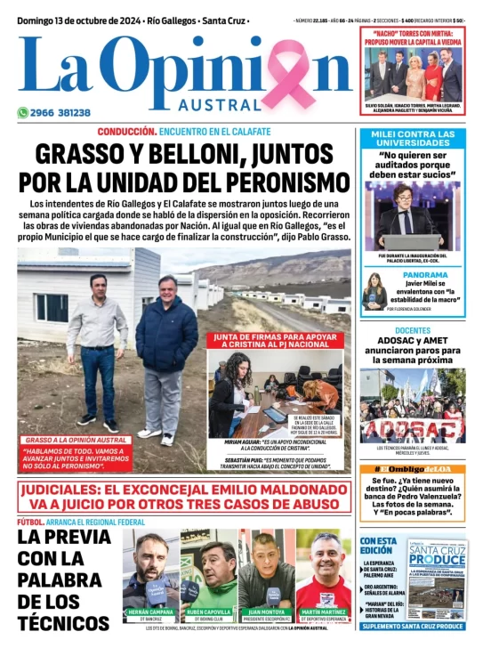 Diario La Opinión Austral tapa edición impresa del domingo 13 de octubre de 2024, Río Gallegos, Santa Cruz, Argentina