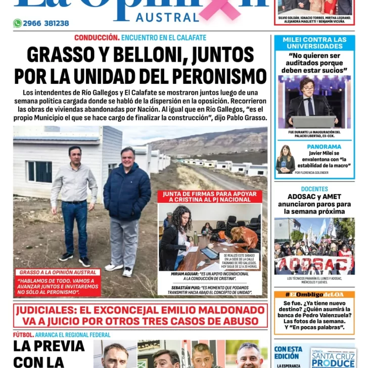 Diario La Opinión Austral tapa edición impresa del domingo 13 de octubre de 2024, Río Gallegos, Santa Cruz, Argentina