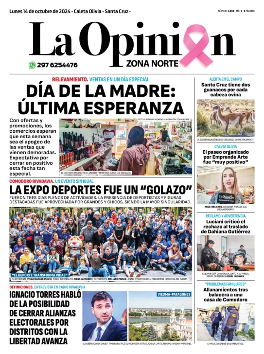 Diario La Opinión Zona Norte tapa edición impresa del lunes 14 de octubre de 2024, Caleta Olivia, Santa Cruz, Argentina