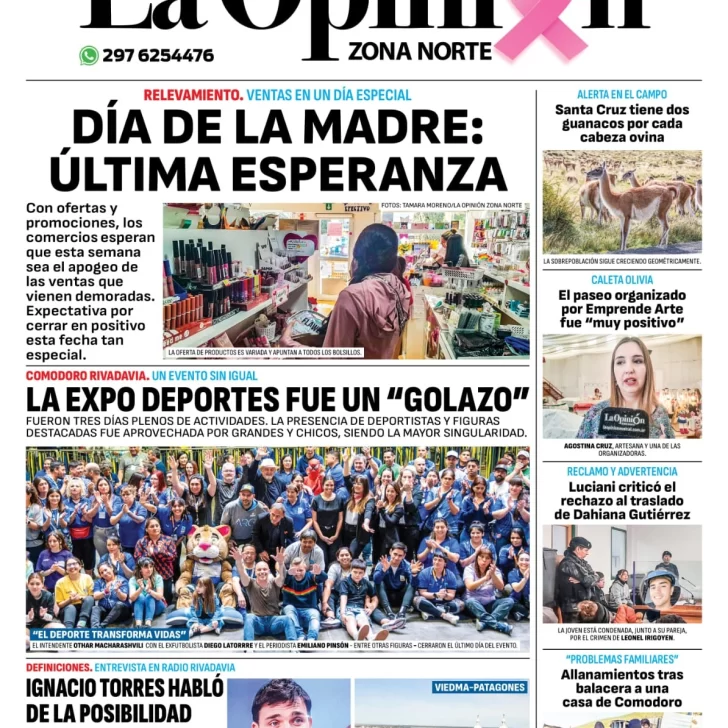 Diario La Opinión Zona Norte tapa edición impresa del lunes 14 de octubre de 2024, Caleta Olivia, Santa Cruz, Argentina