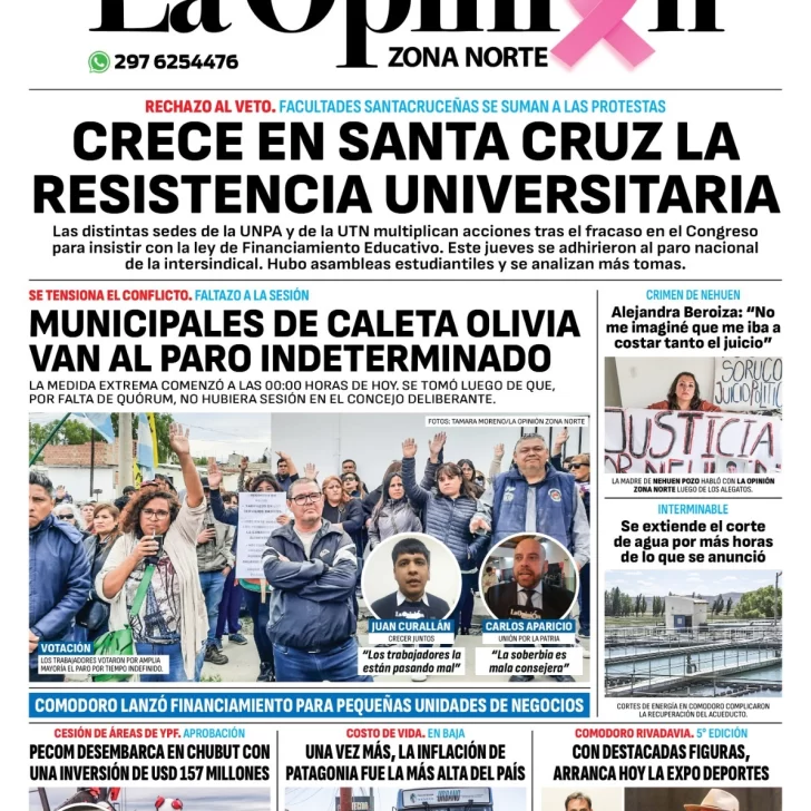 Diario La Opinión Zona Norte tapa edición impresa del viernes 11 de octubre de 2024, Caleta Olivia, Santa Cruz, Argentina