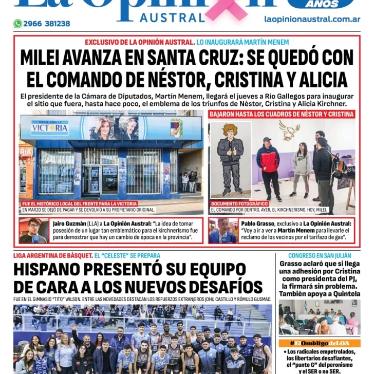 Diario La Opinión Austral tapa edición impresa del domingo 6 de octubre de 2024, Río Gallegos, Santa Cruz, Argentina