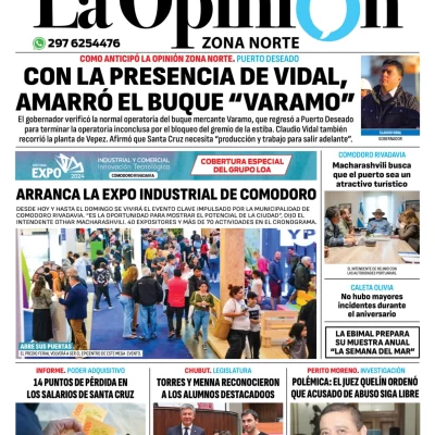 Tapa del Diario La Opinión Zona Norte edición impresa del viernes 22 de noviembre de 2024, Caleta Olivia, Santa Cruz, Argentina