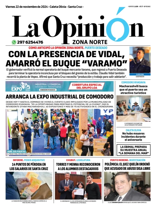 Tapa del Diario La Opinión Zona Norte edición impresa del viernes 22 de noviembre de 2024, Caleta Olivia, Santa Cruz, Argentina