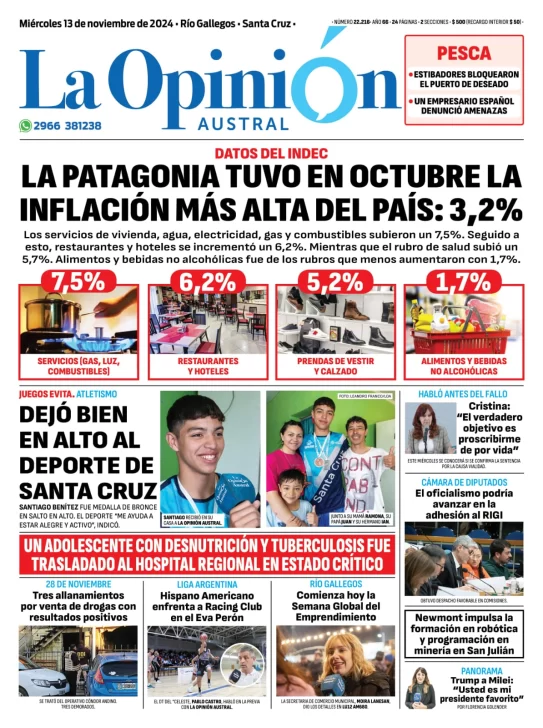 Tapa del Diario La Opinión Austral edición impresa del miércoles 13 de noviembre de 2024, Río Gallegos, Santa Cruz, Argentina