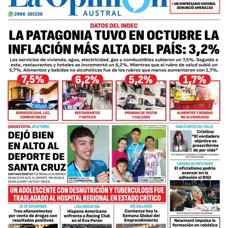 Tapa del Diario La Opinión Austral edición impresa del miércoles 13 de noviembre de 2024, Río Gallegos, Santa Cruz, Argentina