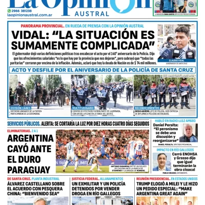 Tapa del Diario La Opinión Austral edición impresa del viernes 15 de noviembre de 2024, Río Gallegos, Santa Cruz, Argentina