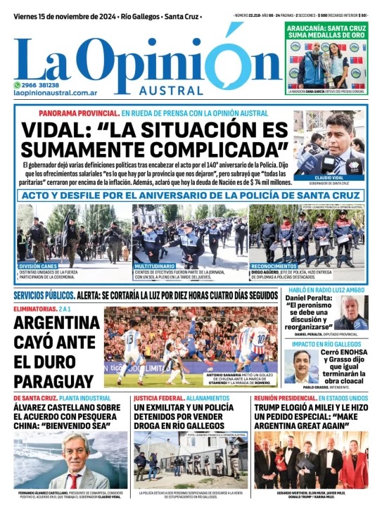 Tapa del Diario La Opinión Austral edición impresa del viernes 15 de noviembre de 2024, Río Gallegos, Santa Cruz, Argentina