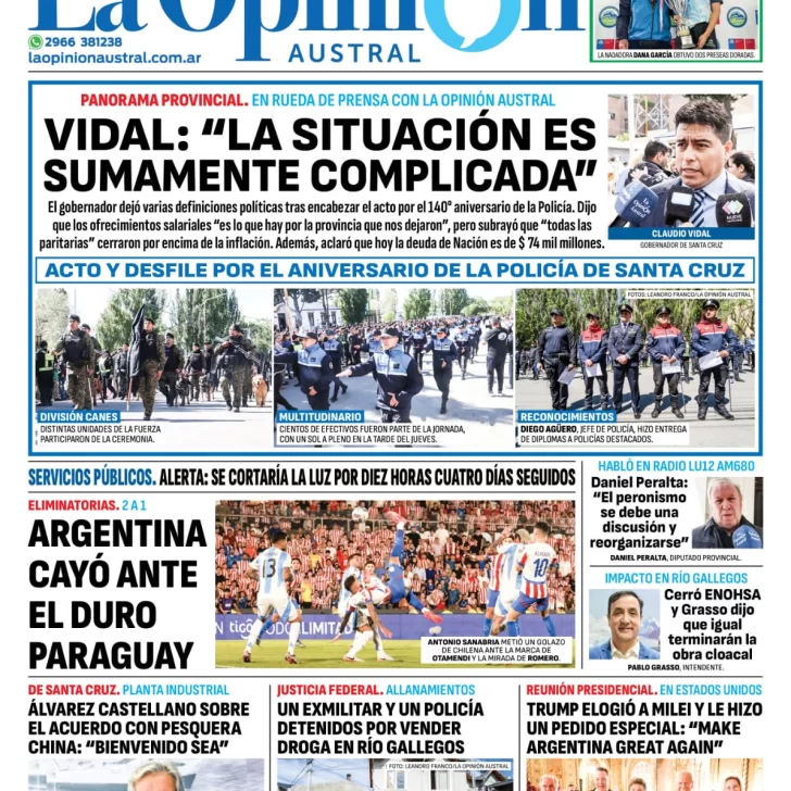 Tapa del Diario La Opinión Austral edición impresa del viernes 15 de noviembre de 2024, Río Gallegos, Santa Cruz, Argentina