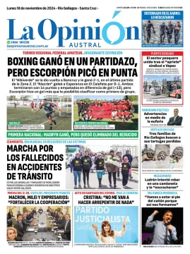 Tapa del Diario La Opinión Austral edición impresa del lunes 18 de noviembre de 2024, Río Gallegos, Santa Cruz, Argentina