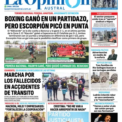 Tapa del Diario La Opinión Austral edición impresa del lunes 18 de noviembre de 2024, Río Gallegos, Santa Cruz, Argentina