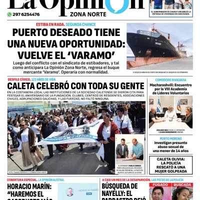 Tapa del Diario La Opinión Zona Norte edición impresa del jueves 21 de noviembre de 2024, Caleta Olivia, Santa Cruz, Argentina