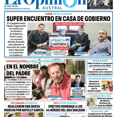 Tapa del Diario La Opinión Austral edición impresa del sábado 16 de noviembre de 2024, Río Gallegos, Santa Cruz, Argentina