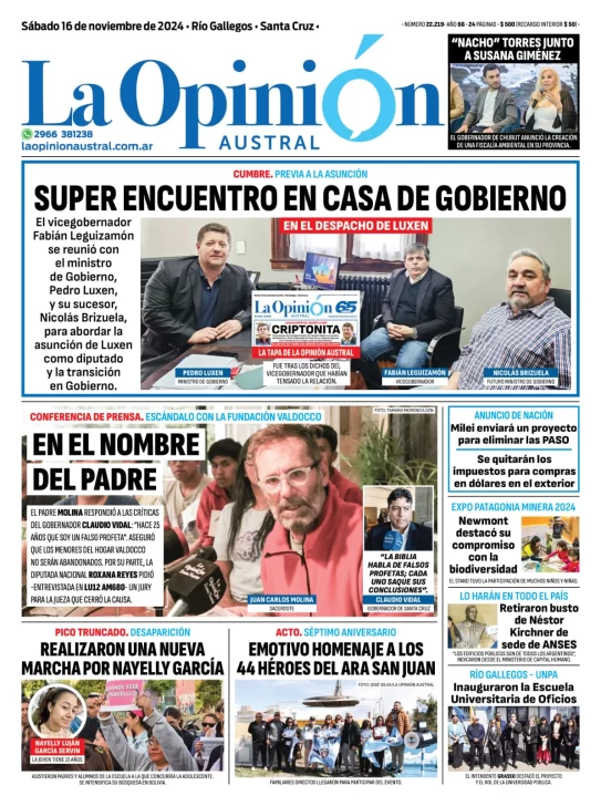 Tapa del Diario La Opinión Austral edición impresa del sábado 16 de noviembre de 2024, Río Gallegos, Santa Cruz, Argentina