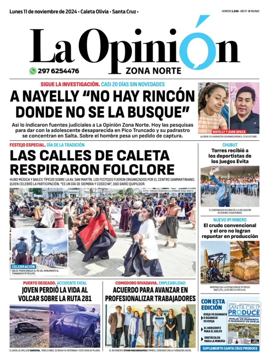 Tapa del Diario La Opinión Zona Norte edición impresa del lunes 11 de noviembre de 2024, Caleta Olivia, Santa Cruz, Argentina