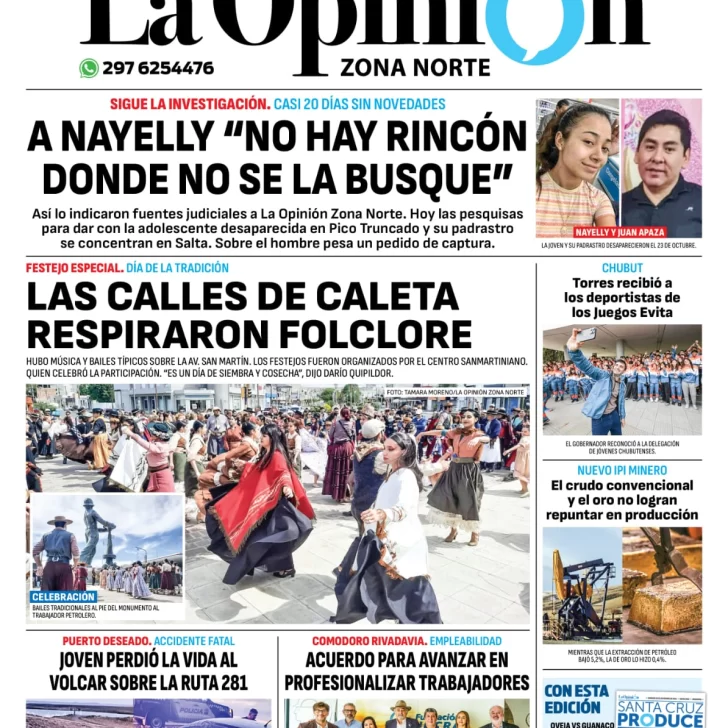 Tapa del Diario La Opinión Zona Norte edición impresa del lunes 11 de noviembre de 2024, Caleta Olivia, Santa Cruz, Argentina