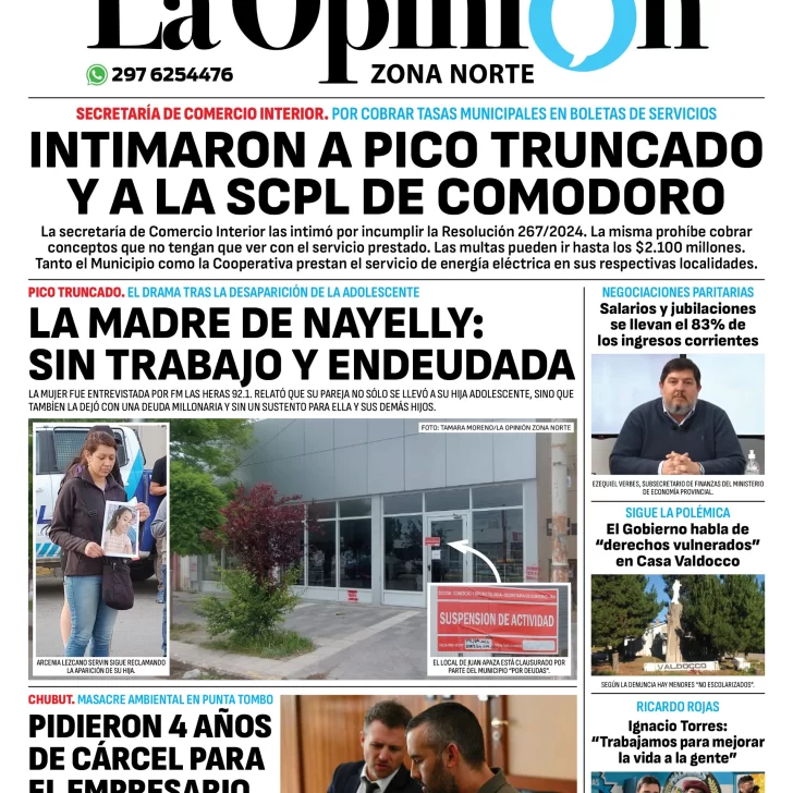 Tapa del Diario La Opinión Zona Norte edición impresa del martes 12 de noviembre de 2024, Caleta Olivia, Santa Cruz, Argentina